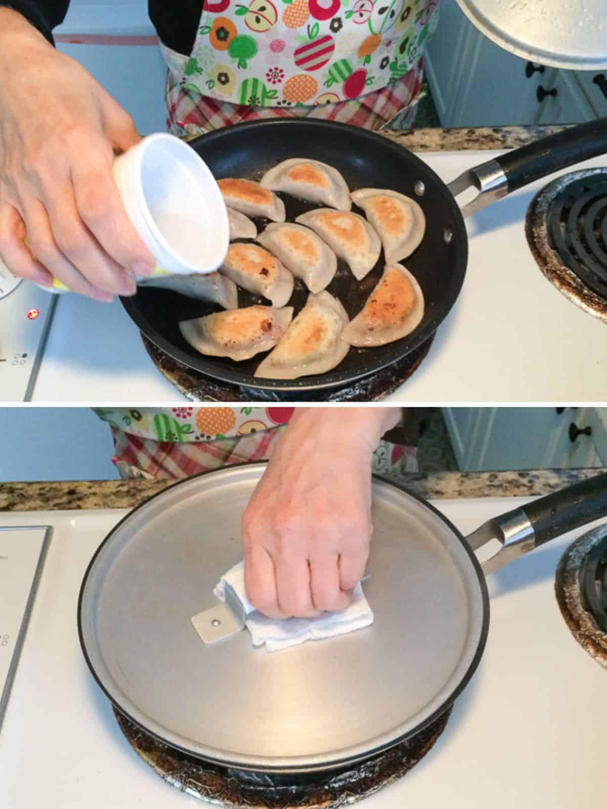 A two image collage of pouring water into pan with dumplings and covering.