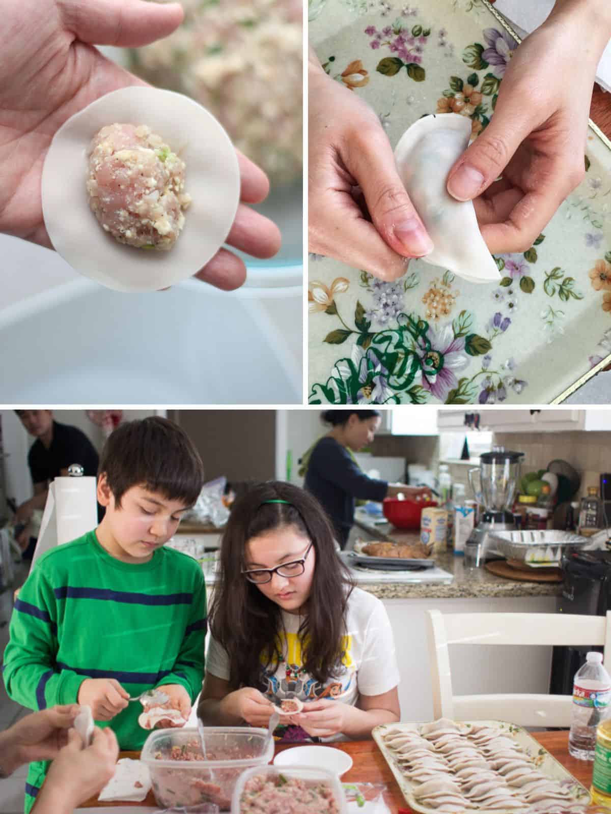 How to fill and shape the dumplings as well as two children making them.