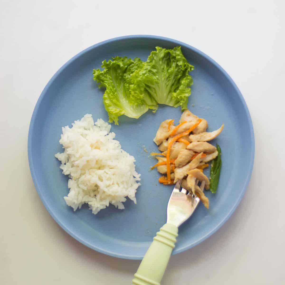 A small portion of bulgogi, white rice, and lettuce for toddler.