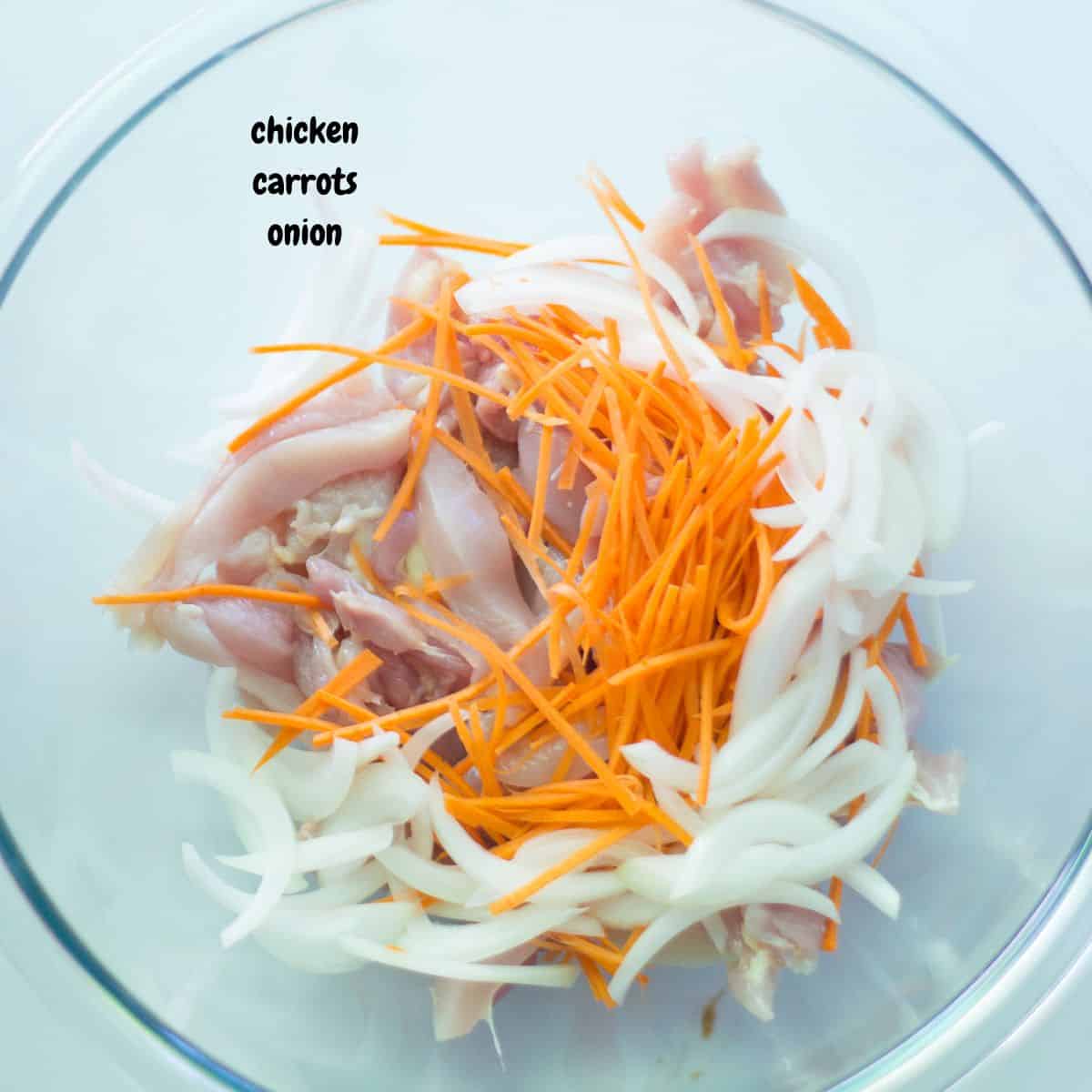 Sliced chicken, carrots, and onion in a large bowl.