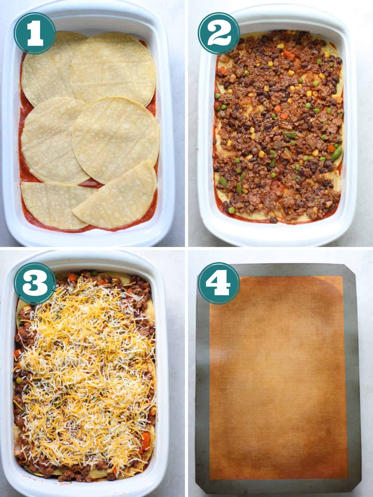 A four image collage of how to assemble enchilada cassreole.