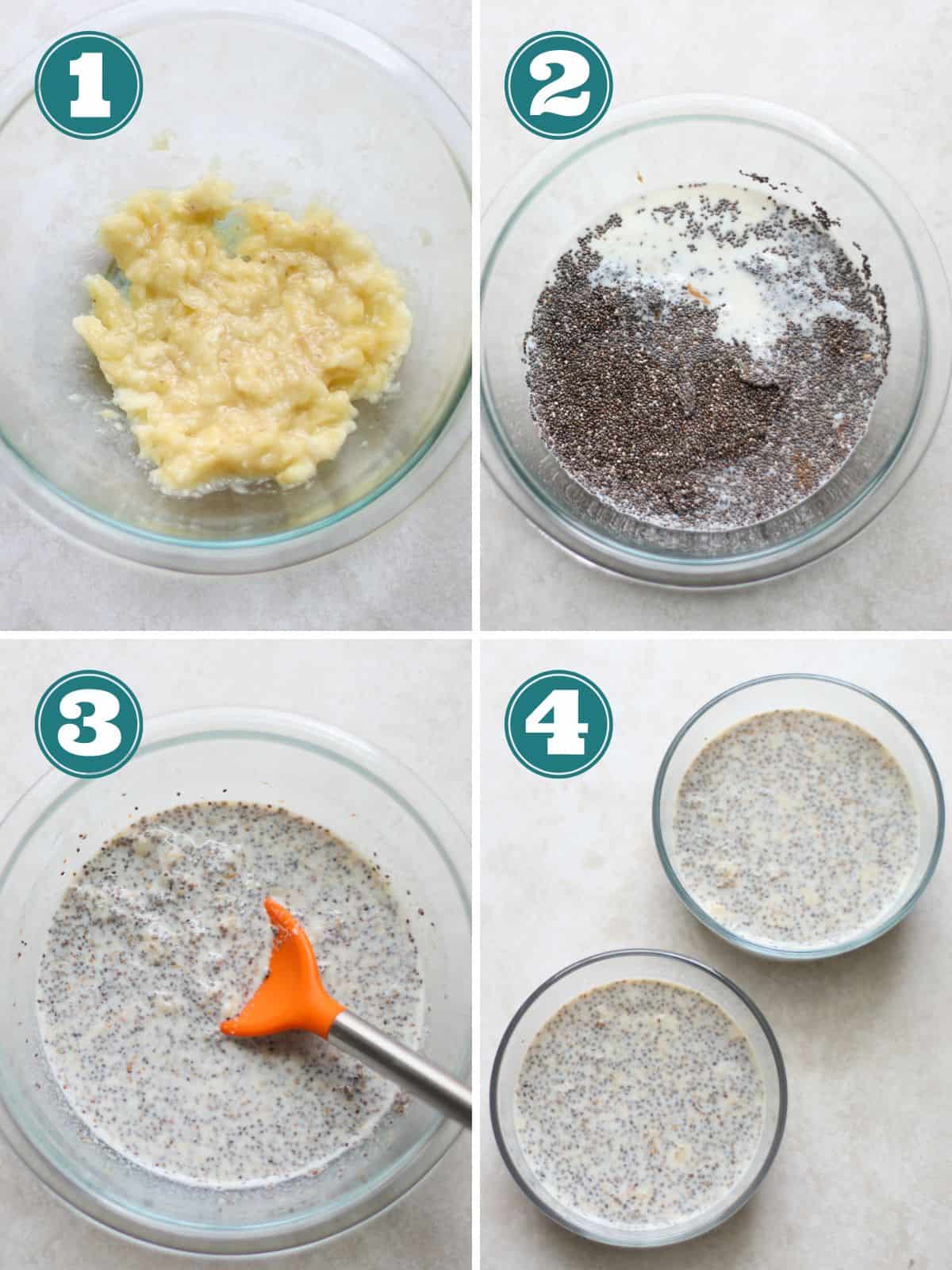 A four image collage showing how to make banana chia pudding.