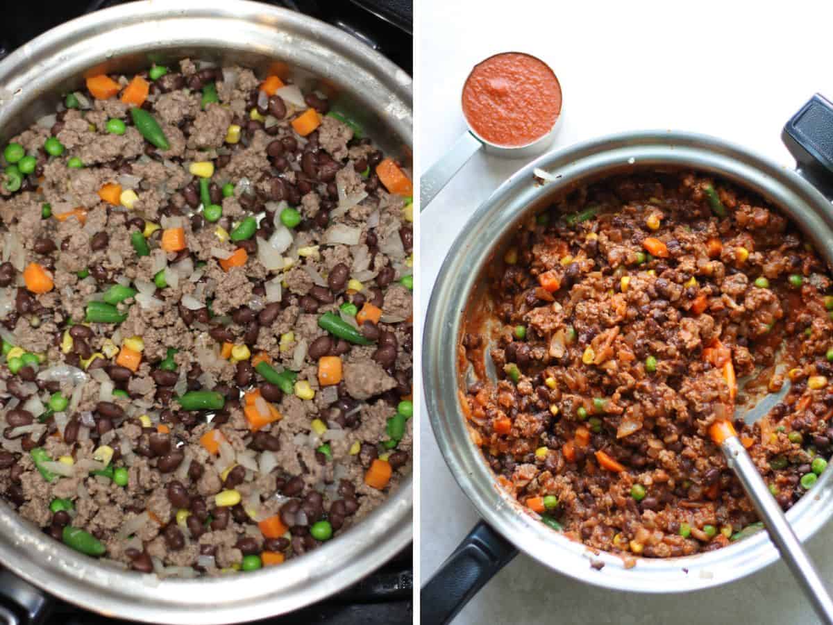 A two image collage showing how to make the beef filling.