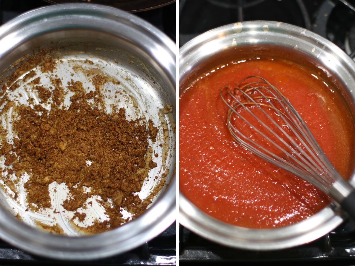 A two image collage showing how to make enchilada sauce.