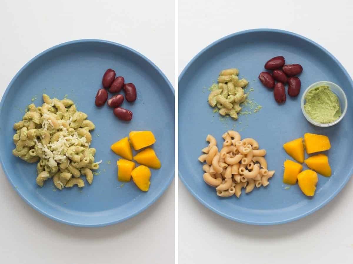 A two image collage showing pesto mixed with pasta on left and deconstructed on right.
