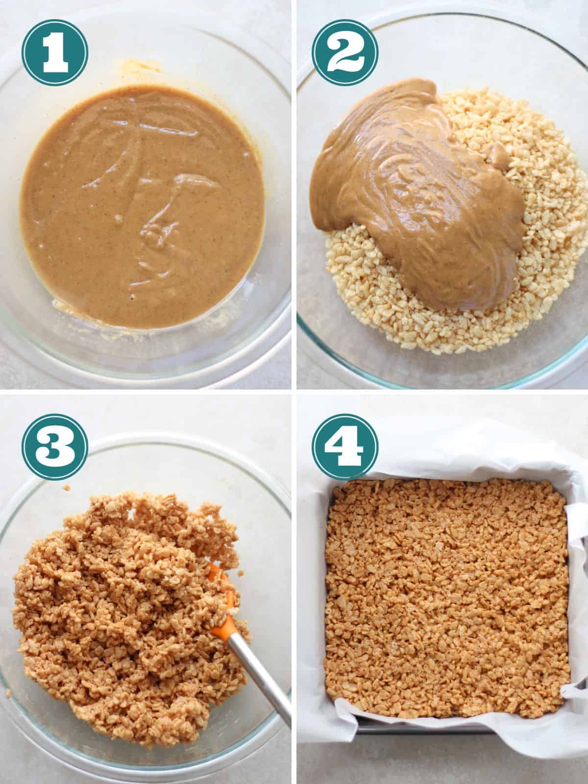 A four image collage of how to make this no bake dessert.