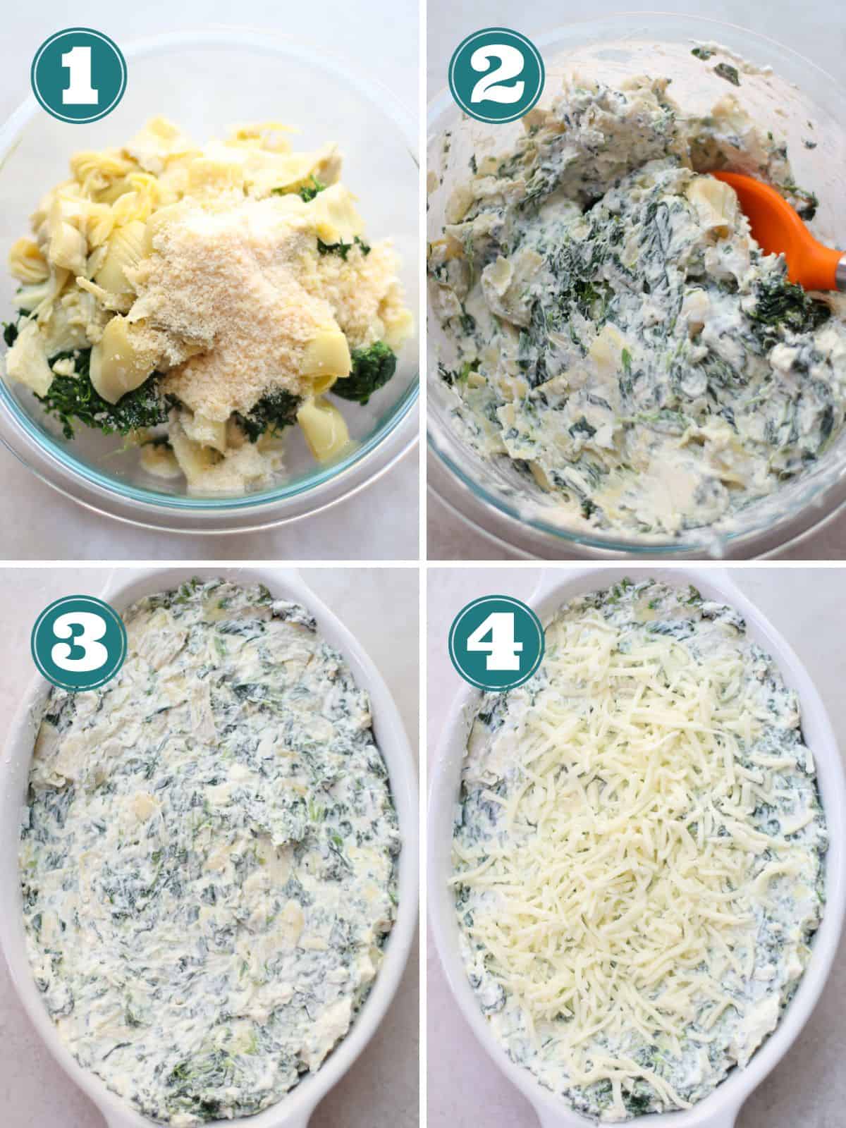 A four image collage of how to make the spinach dip.