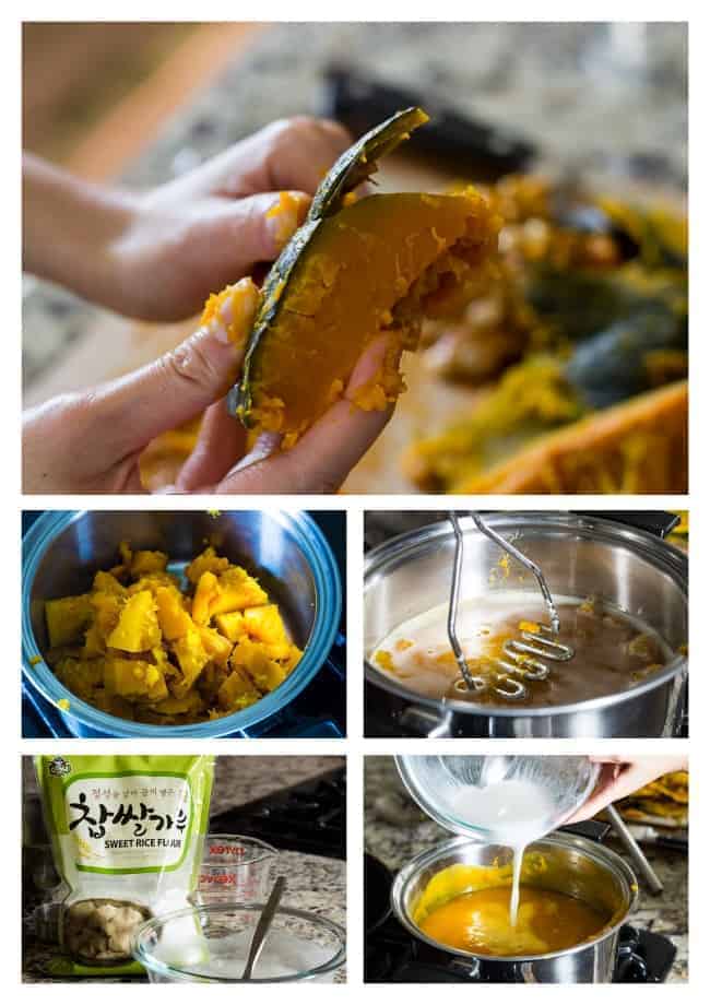 a collage showing how to prepare the kabocha