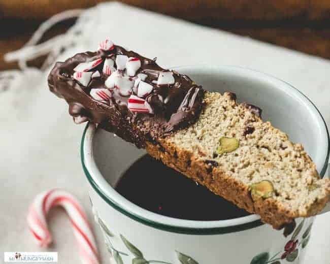 Cranberries and Pistachio Biscotti Dipped in Peppermint Chocolate