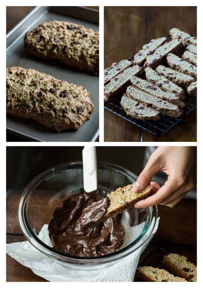Cranberry and Pistachio Biscotti Dipped in Peppermint Chocolate 