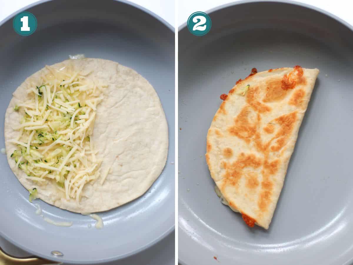 A two image collage of how to make folded quesadilla with cheese and zucchini.