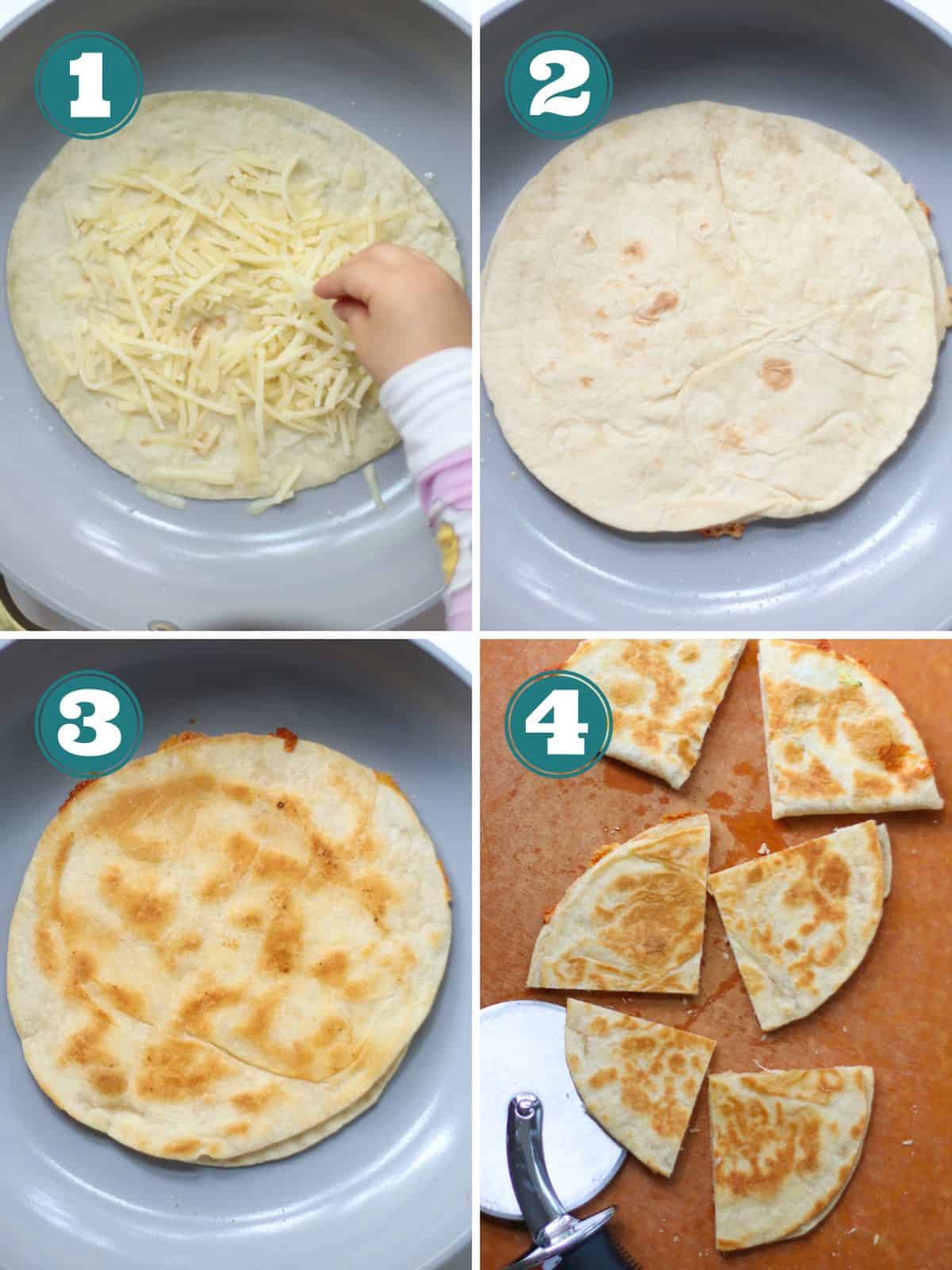 A four image collage of how to make quesadilla.