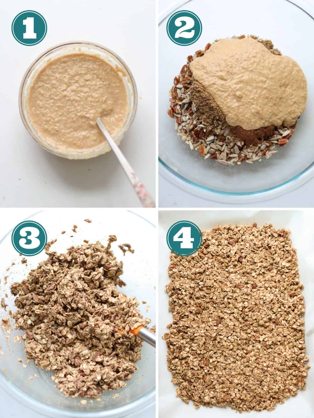 A four image collage showing how to make granola step by step.