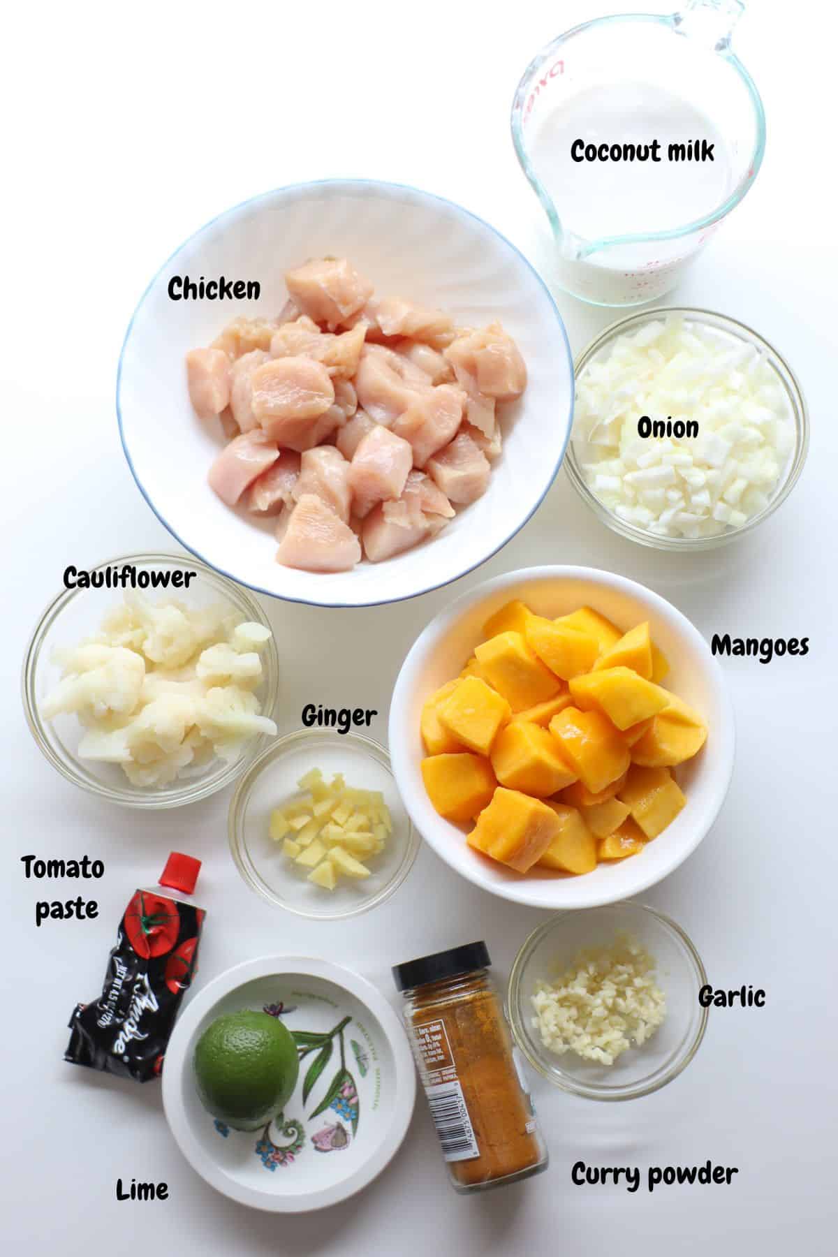 Portioned out ingredients for mango chicken curry laid out on a white countertop.