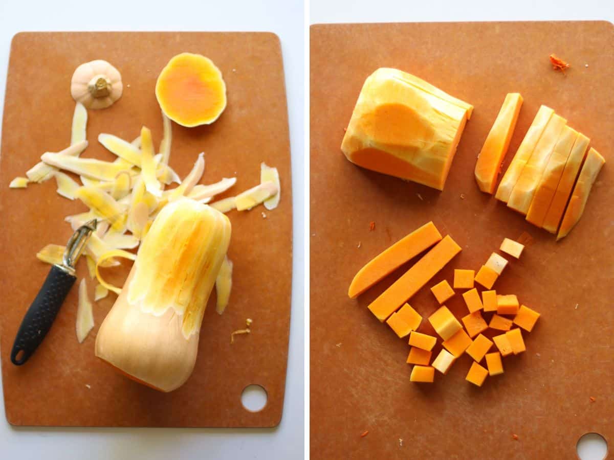 A two image collage of how to peel and cut the butternut squash.