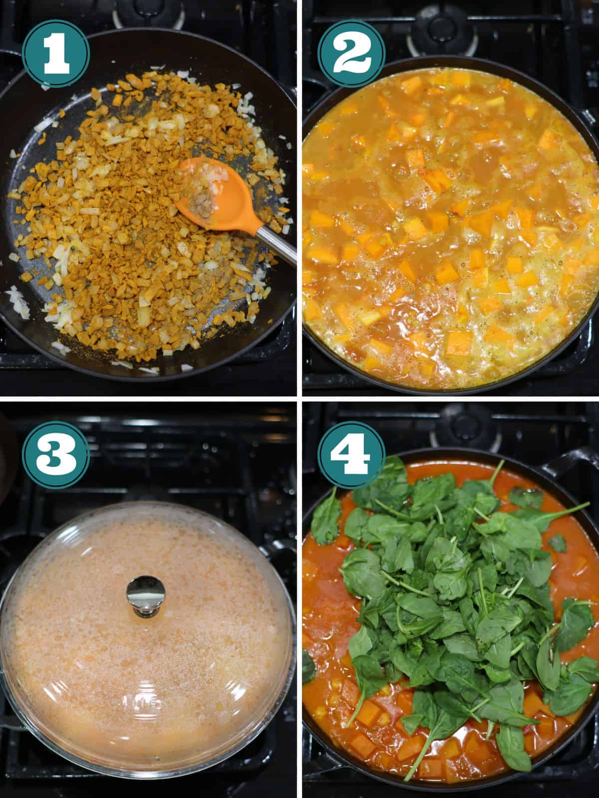 A four image collage of how to make curry step by step.