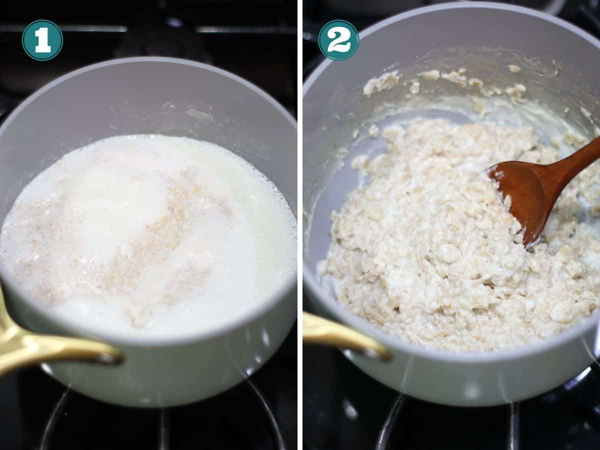 A two image collage of oats and milk boiling on the left and cooked on the right.