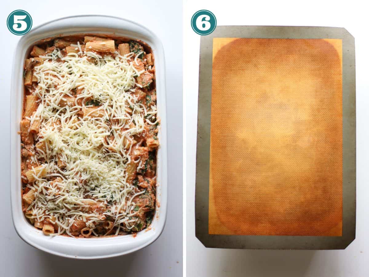 A two image collage showing assembled pasta bake covered and uncovered.