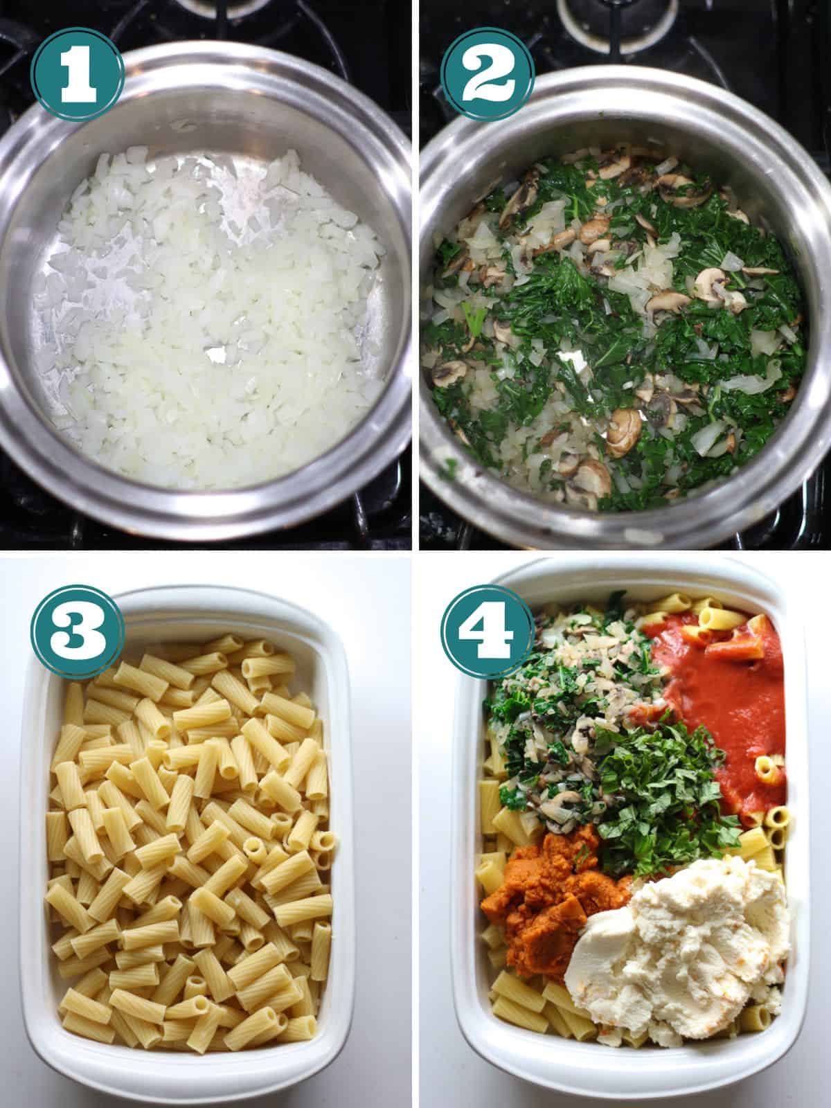 A four image collage of step by step cooking process.