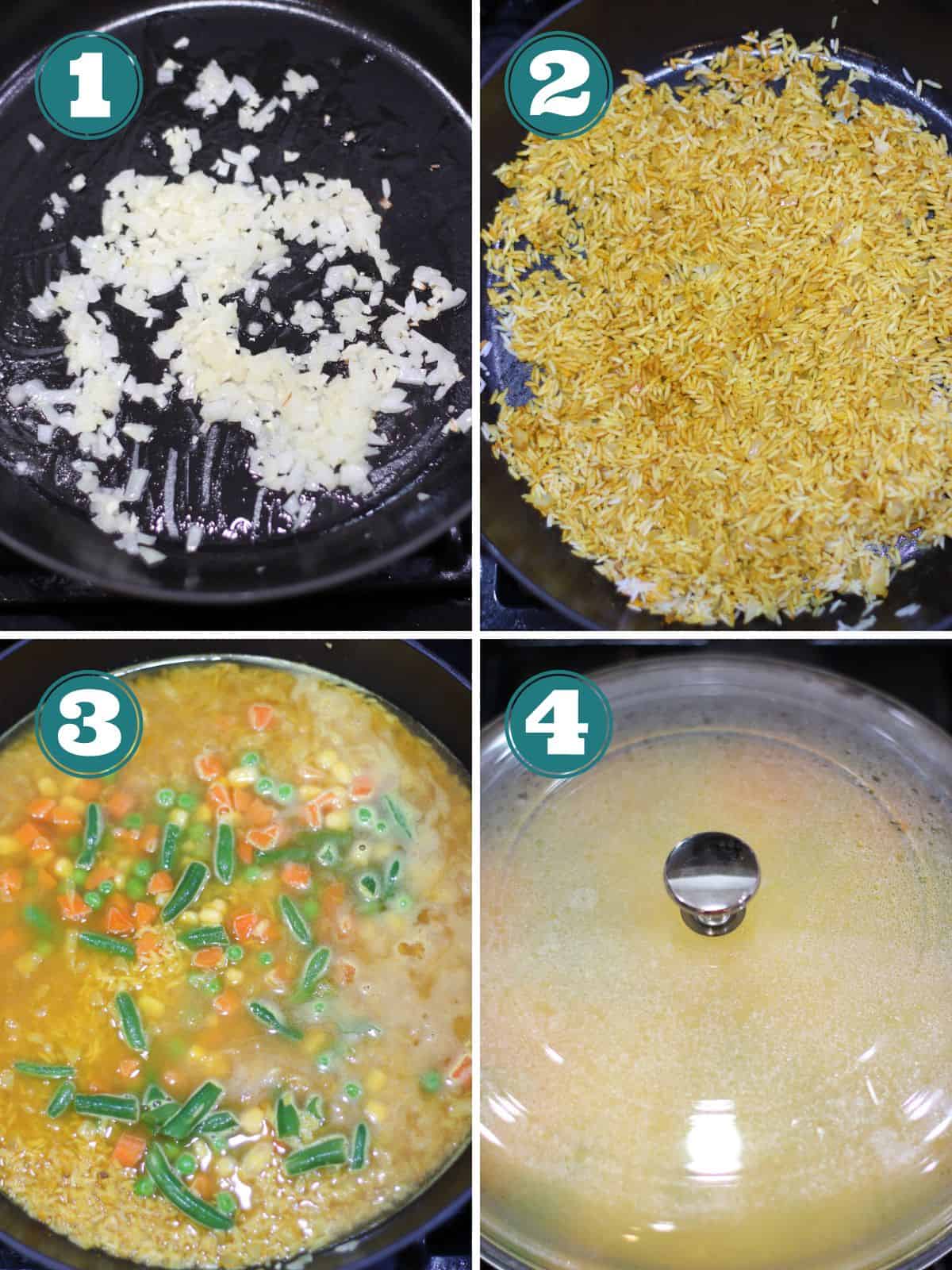 A four image collage showing cooking process.
