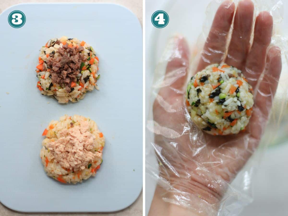A two image collage with flattened rice with filling on top on the left and shaped into ball on the right.