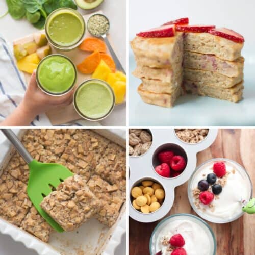 A four image collage of easy kid friendly meal prep breakfast ideas.