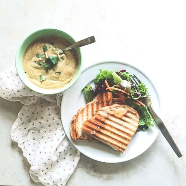 Grilled Cheese with Roasted Chickpea and Cauliflower Soup