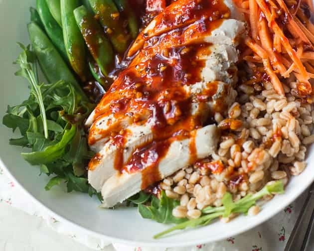 Spicy Korean Farro Nourish Bowl with Gochujang Sauce