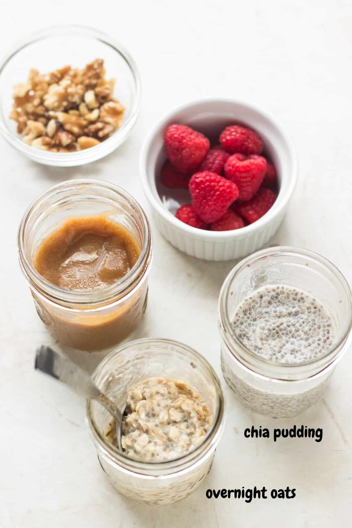 Date syrup with overnight oats, chia pudding, raspberries, and walnuts.