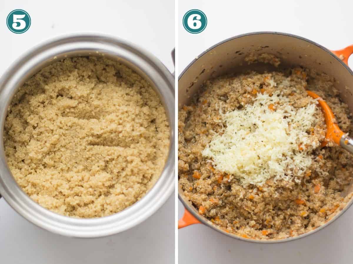 A two image collage of quinoa and vegetable mixture combined.