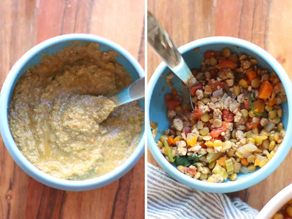 A two image collage with pureed soup and chopped soup in a blue bowl.