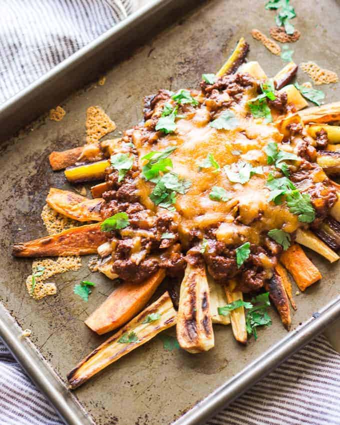 Baked Vegetable Fries with BBQ Beef Chili