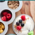 A close up shot of vanilla yogurt with berries and granola.