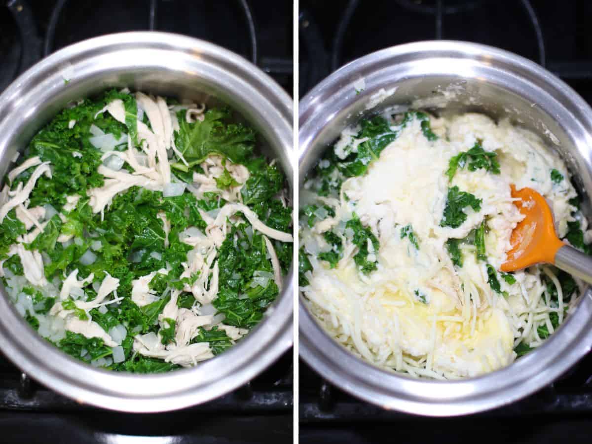 A two image collage showing how to make the ricotta vegetable mixture.