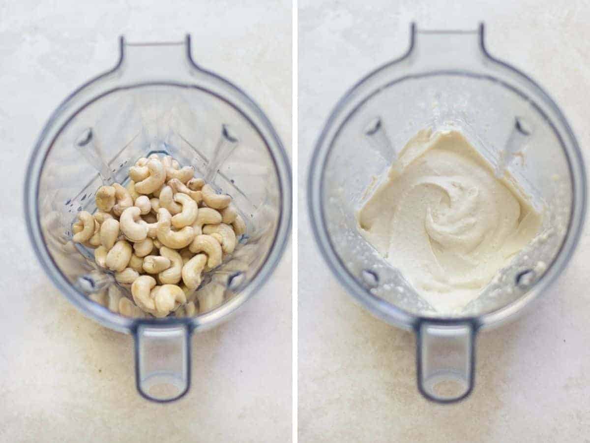 a two image collage with soaked cashews and water in a blender on the left and blended on the right