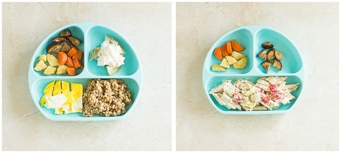 collage showing two different ways of serving tofu mayo to toddlers