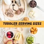 bear shaped wooden plate showing recommended toddler serving sizes for protein and fruits and vegetables