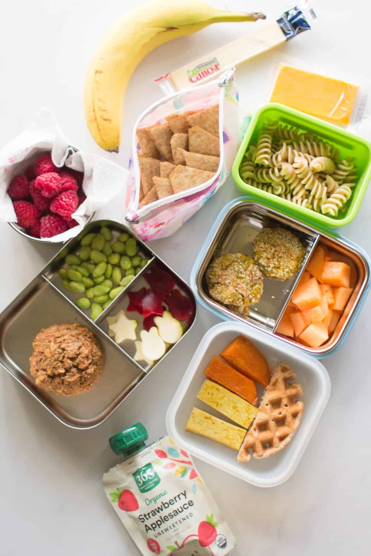 Easy travel snacks all laid out on a white background.