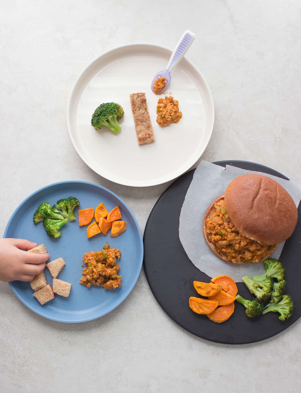 Turkey Sloppy Joes plated three ways - for an adult, toddler, and baby.