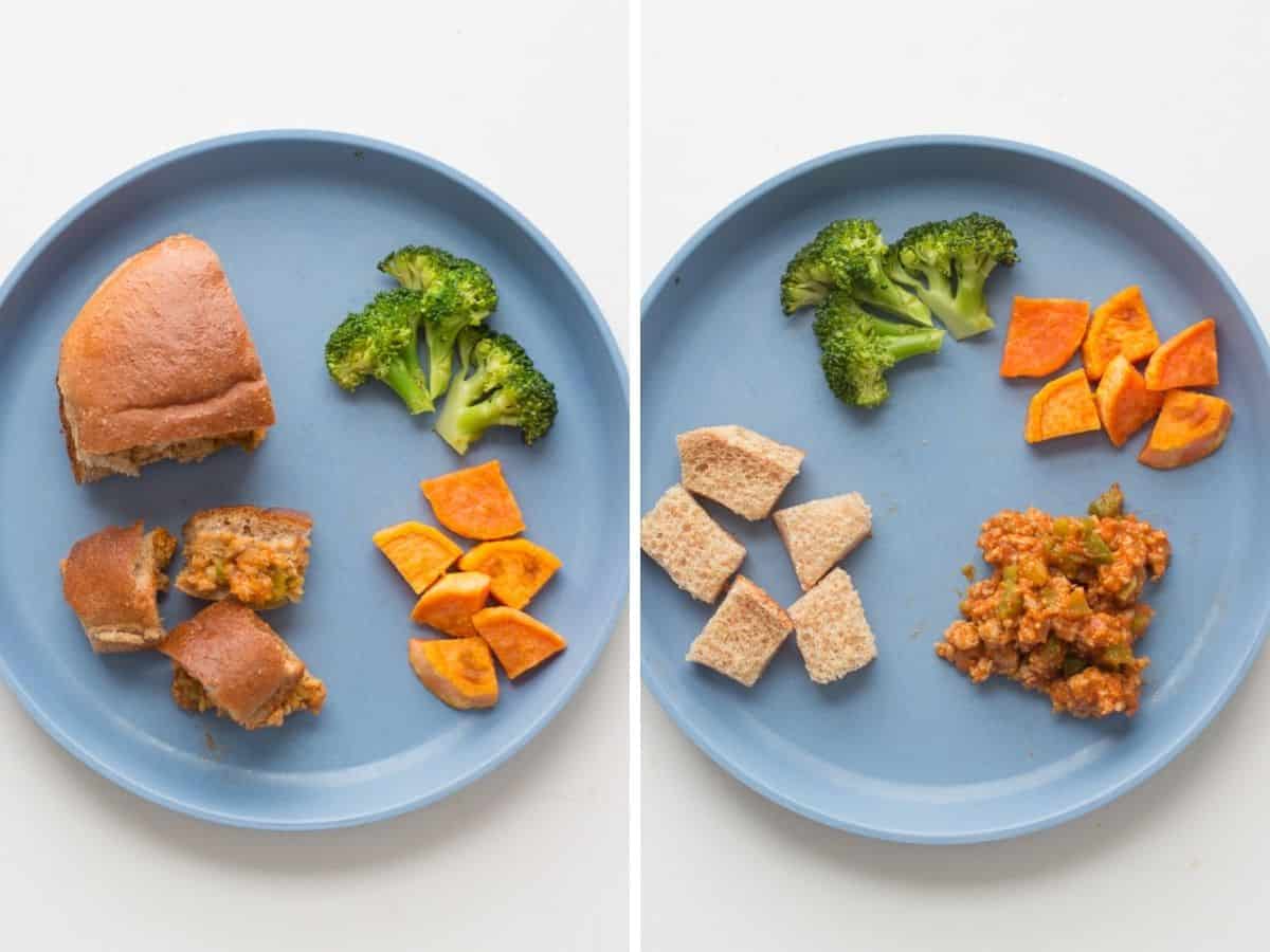 A two image collage showing sloppy joe cut into smaller pieces on the left and deconstructed on the right.
