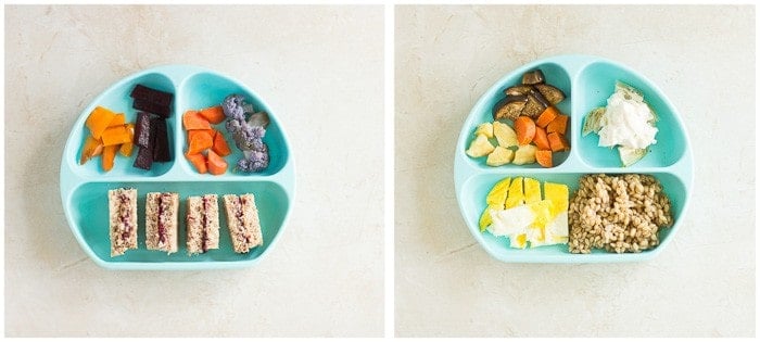 green divided baby plate with sandwich and veggies on the left and the same plate with eggs and veggies on the right