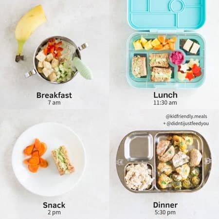 mealtime schedule showing breakfast, lunch, snack, and dinner with specific mealtimes