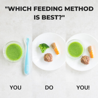 graphic showing pureed broccoli, an example of baby led weaning plate, and a plate showing combination approach