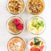 6 different overnight oats concoction with toppings shot from above