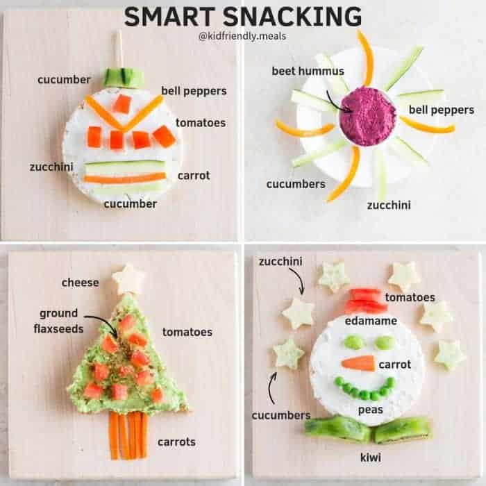 four images of Christmas themed snack ideas with raw vegetables