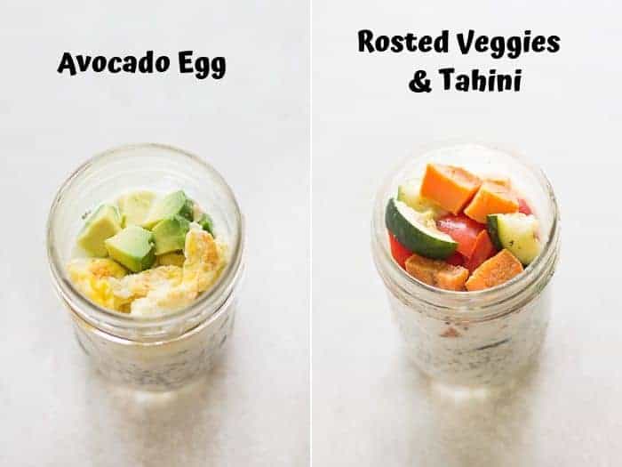 a collage with avocado egg overnight oats on the left and roasted vegetables and tahini on the right