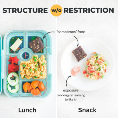 a green lunchbox on the left with pasta, cooked vegetables, cheese, and sometimes food on the left and a white plate with salmon, scrambled eggs, and sometimes food