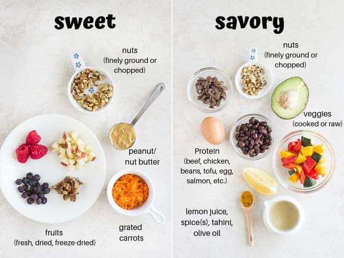 all the different ingredient suggestions for sweet and savory overnight oats or quinoa