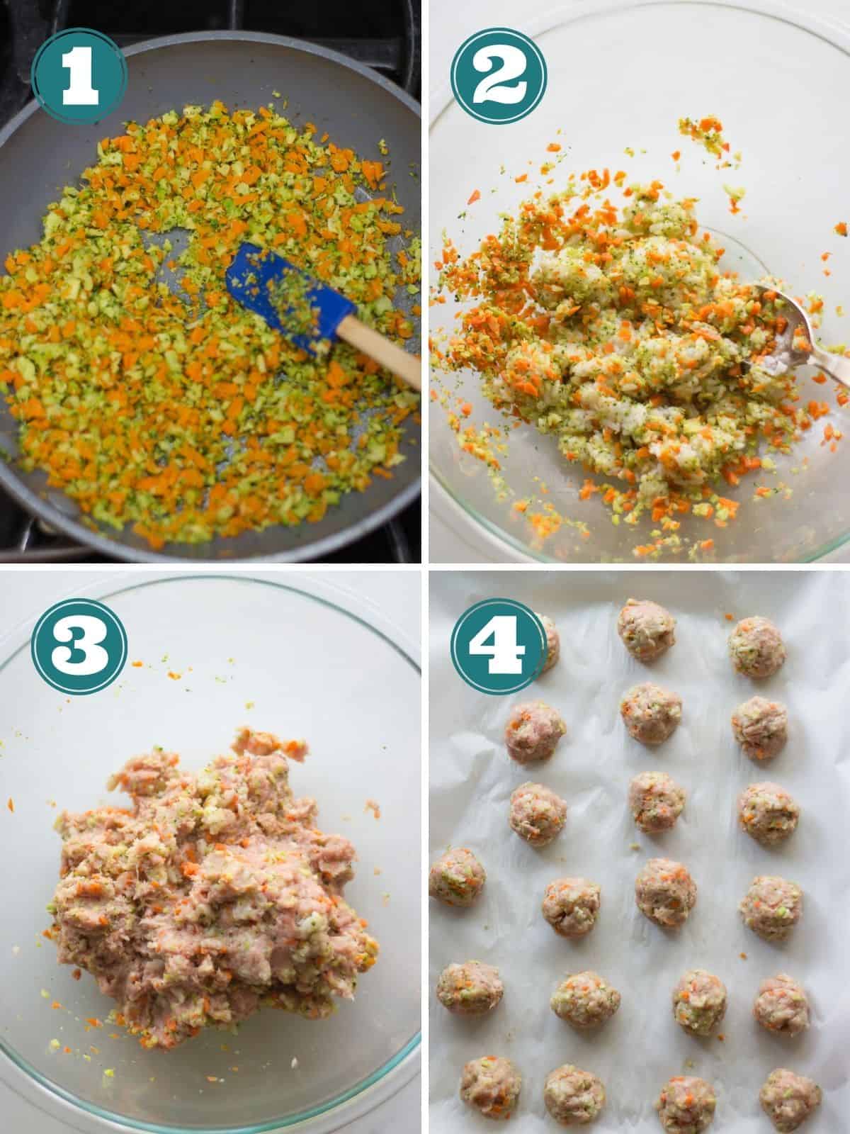 A four image collage of how to make turkey meatballs.