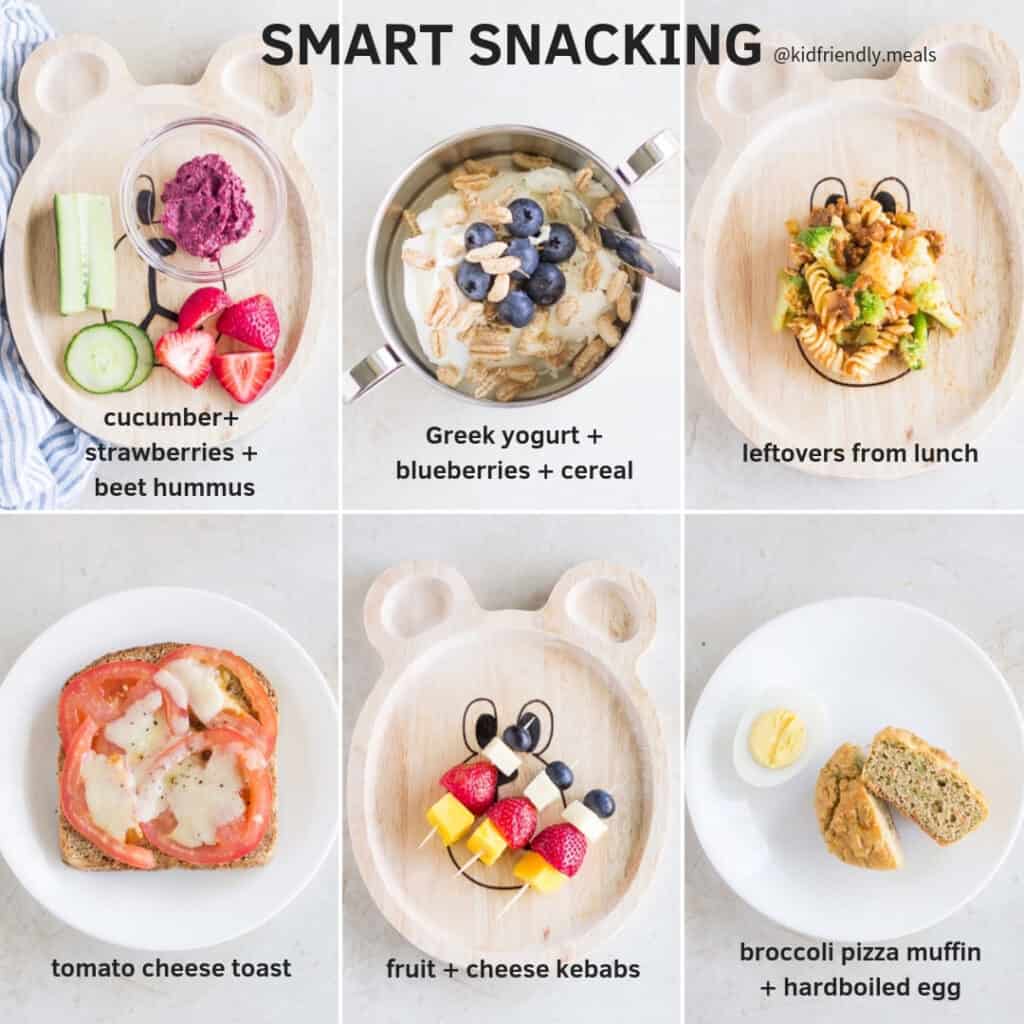 six examples of smart snacks including vegetables with beet hummus, yogurt with blueberries and cereal, leftovers from lunch